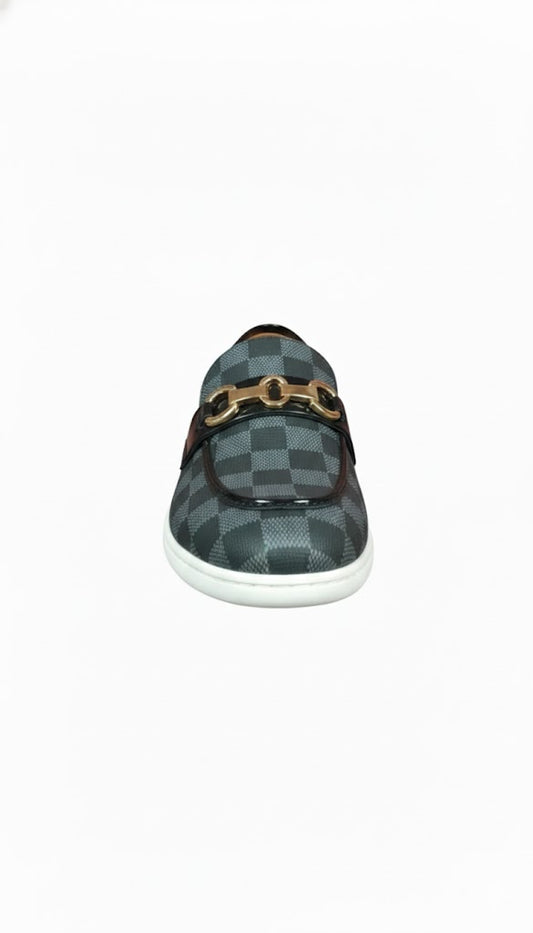 Grey Checkered Loafer with Gold-Tone Hardware.
