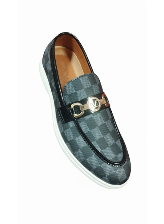 Grey Checkered Loafer with Gold-Tone Hardware.